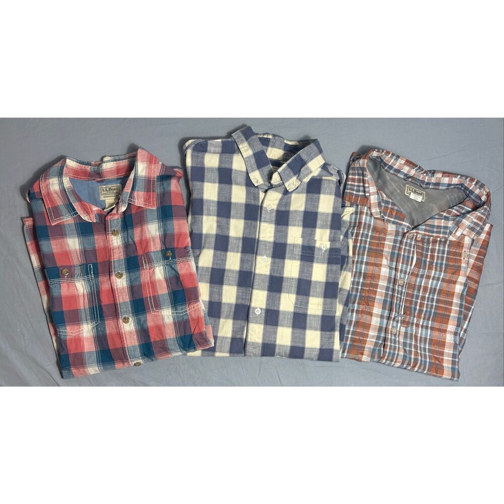 L.L. Bean Button Down Shirt Men's Red Blue White Checkered Size XL Lot of 3